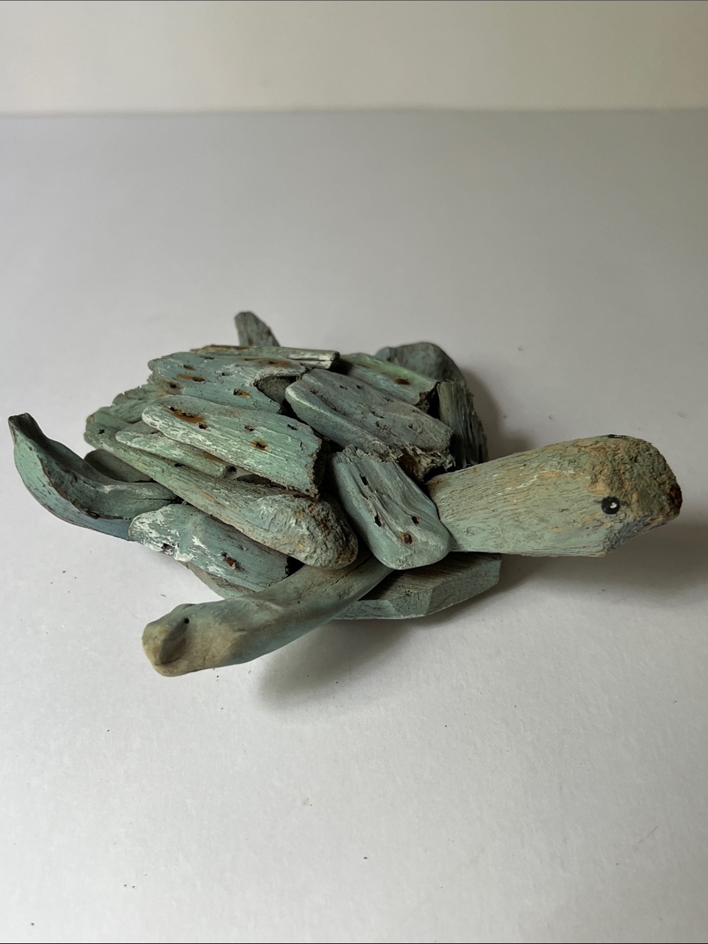 Coastal Driftwood Turtle Sculpture in Seafoam Green